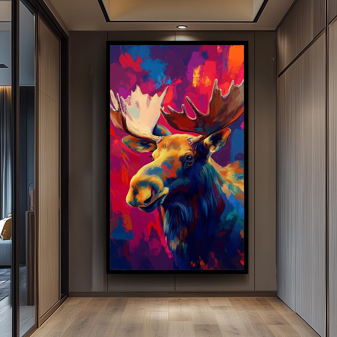 Vibrant Colorful Pop Art Moose Portrait Pink Background Poster