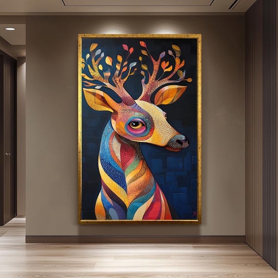 Colorful Deer Canvas Wall Print Fantasy Forest Animal Decor For Living Room Nursery Or Cabin Unique Whimsical Nature Gift Art Lovers