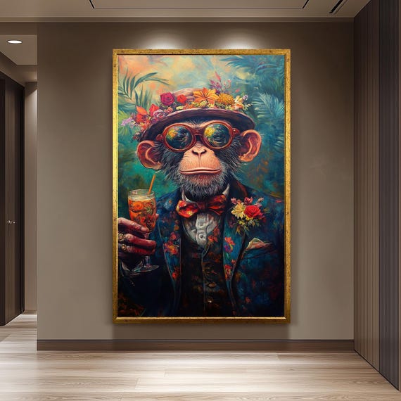 Tropical Surreal Monkey Wall Art Dapper Chimp Portrait With Cocktail Floral Hat And Glasses Vibrant Animal Canvas For Bold Decor