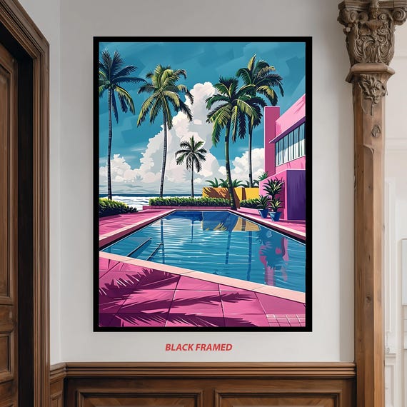 Tropical Poolside Canvas Wall Art Colorful Palm Trees And Ocean View Retro Print Vibrant Modern Beach Scene For Home Decor