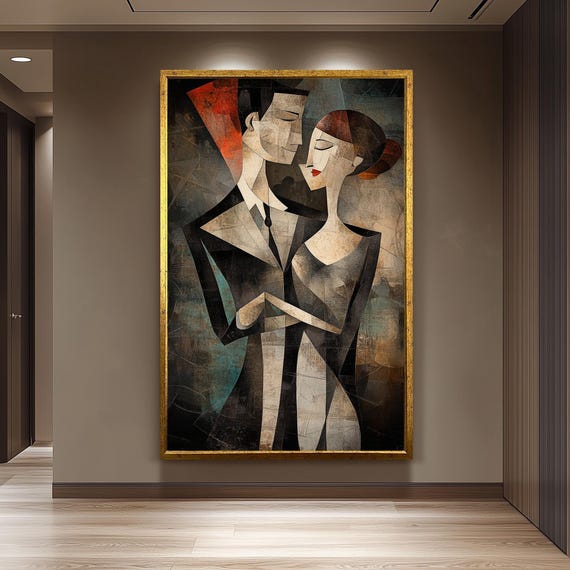 Cubist Couple Canvas Art Print Modern Abstract Wall Decor Picasso Inspired Geometric Painting For Contemporary Stylish Home Interiors
