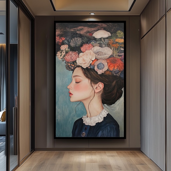 Elegant Woman With Floral Headdress Profile Portrait Botanical Painting Poster