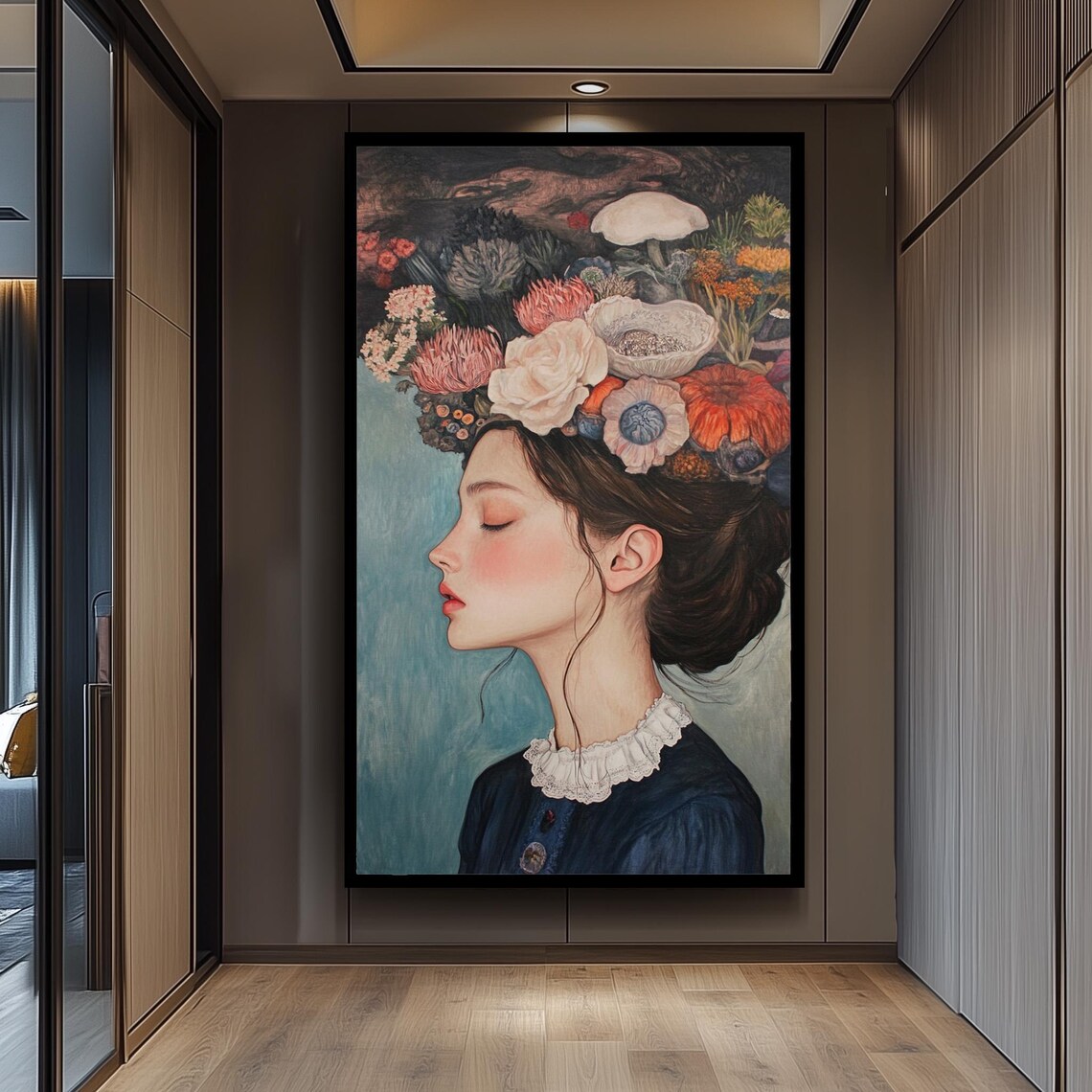 Elegant Woman With Floral Headdress Profile Portrait Botanical Painting Poster