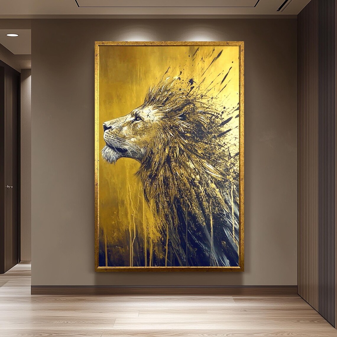 Golden Lion Profile Splash Painting Majestic Big Cat Art Poster
