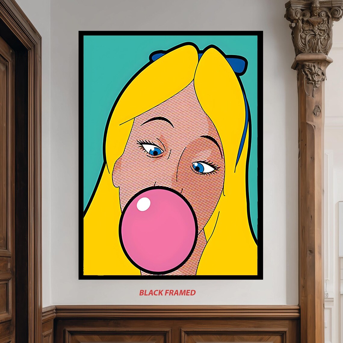 Pop Art Blonde Girl Blowing Pink Bubblegum Poster