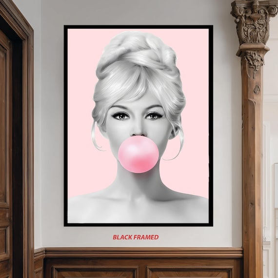 Retro Black And White Girl Blowing Pink Bubble Gum Pop Art Poster