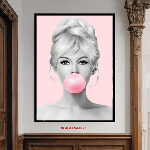 Retro Pop Art Girl Blowing Bubble Gum Poster In Black And White With Pastel Pink Background For Glam Wall Or Makeup Room Decor
