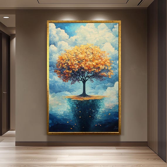 Surreal Tree Painting With Autumn Leaves And Cloudy Sky Fantasy Landscape Art Print For Dreamy Nature Inspired Wall Decor