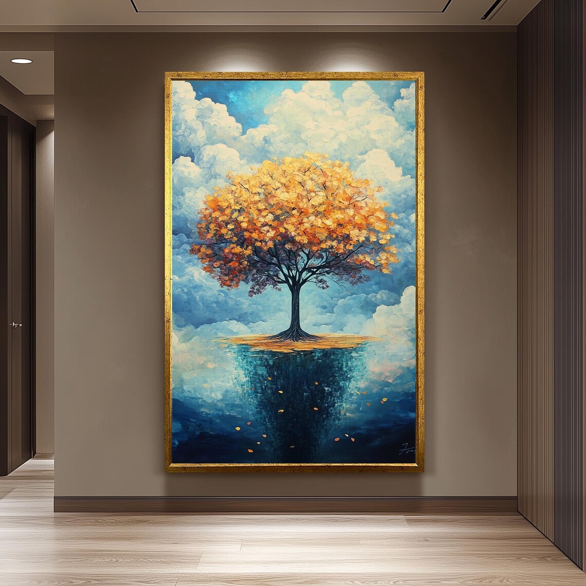 Surreal Golden Autumn Tree on Floating Island Blue Sky Oil Painting Poster