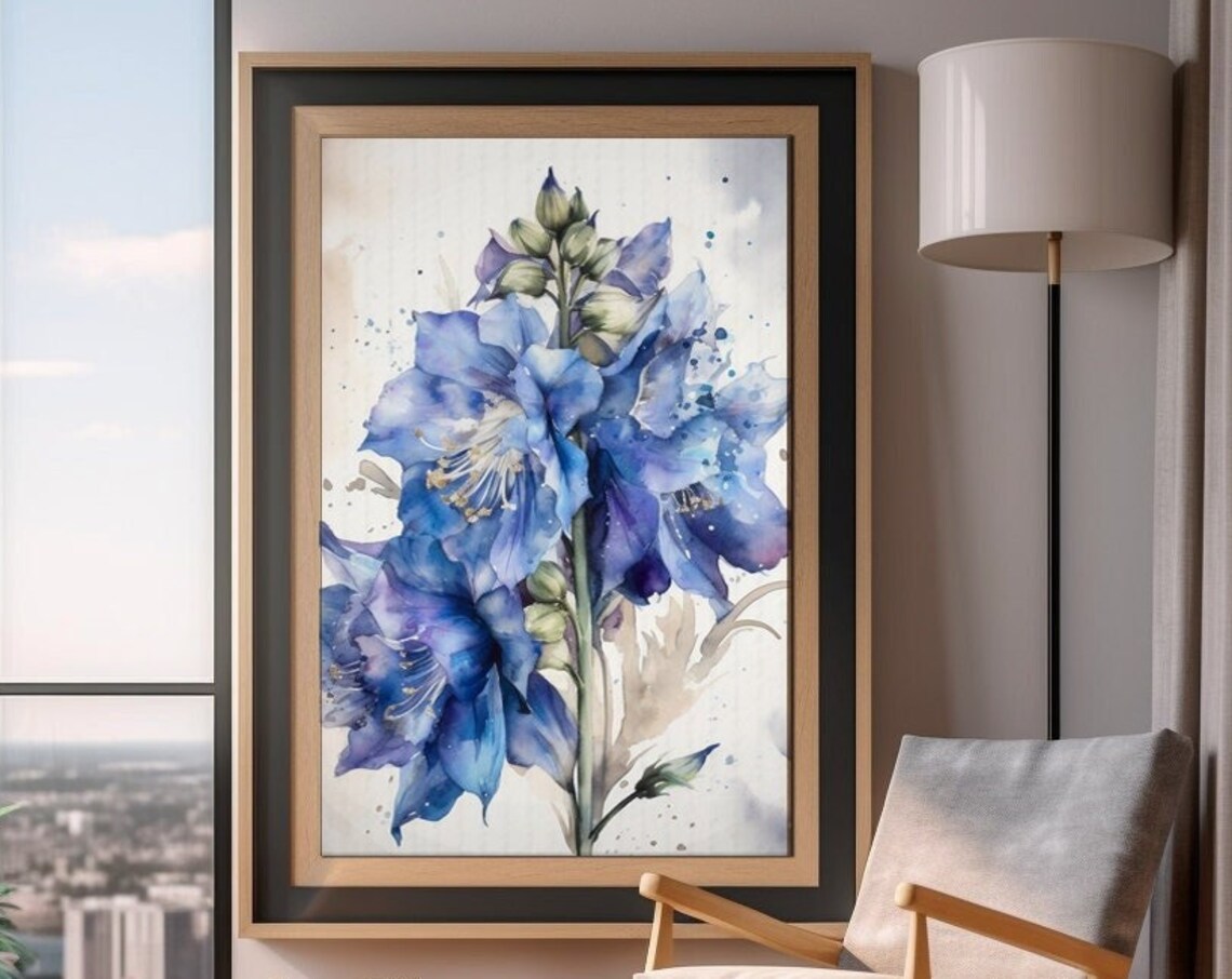 Blue Delphinium Flower Watercolor Tall Bloom Botanical Poster