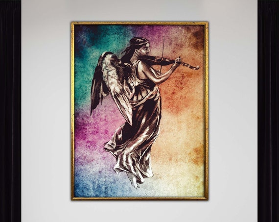 Angel Violin Tattoo Art On Vibrant Landscape Modern Sketch For Home Decor Ready To Hang