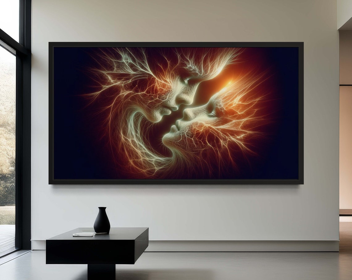 Fractal Kissing Faces Electric Orange Abstract Love Art Poster