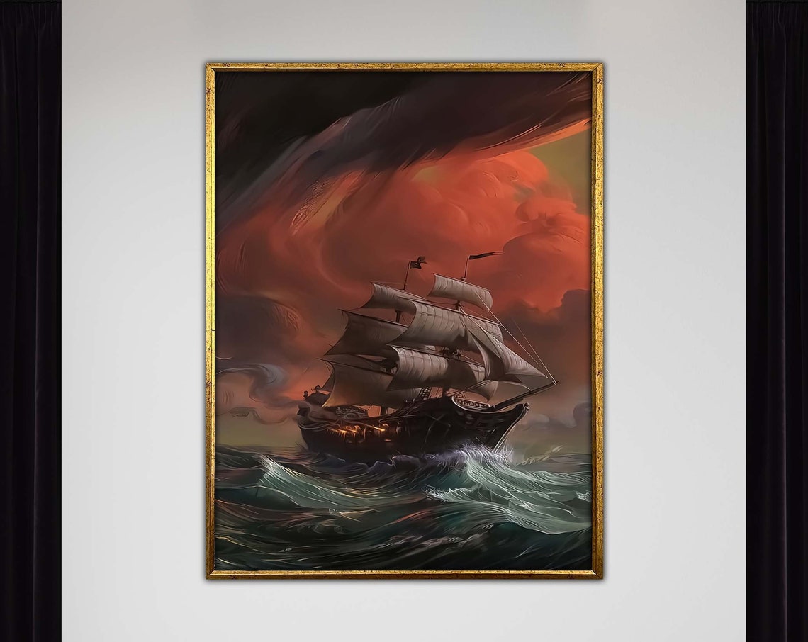 Tall Ship Stormy Red Sky Dramatic Ocean Nautical Oil Painting Print