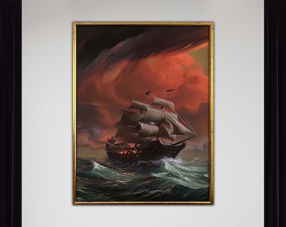 Tall Ship Stormy Red Sky Dramatic Ocean Nautical Oil Painting Print