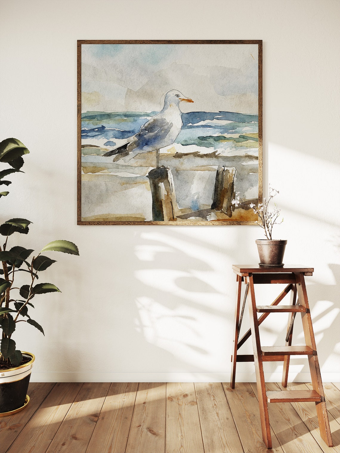 Seagull Perched on Wooden Pier Post Beach Waves Watercolor Art Print - Image 5