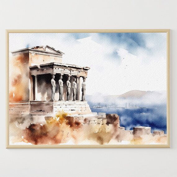 Athens Watercolor Travel Poster, Greek Temple