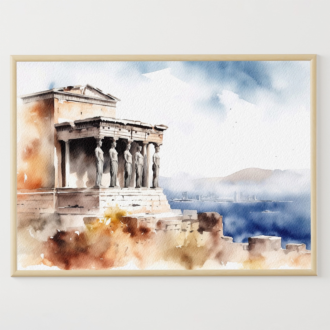 Athens Watercolor Travel Poster, Greek Temple