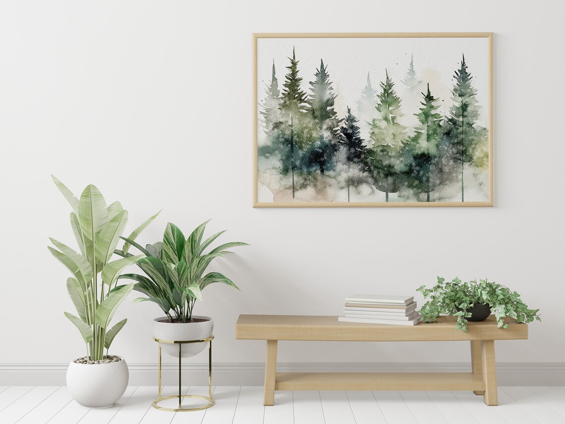 Pine Forest Watercolor Art Print, Foggy Evergreens - Image 2