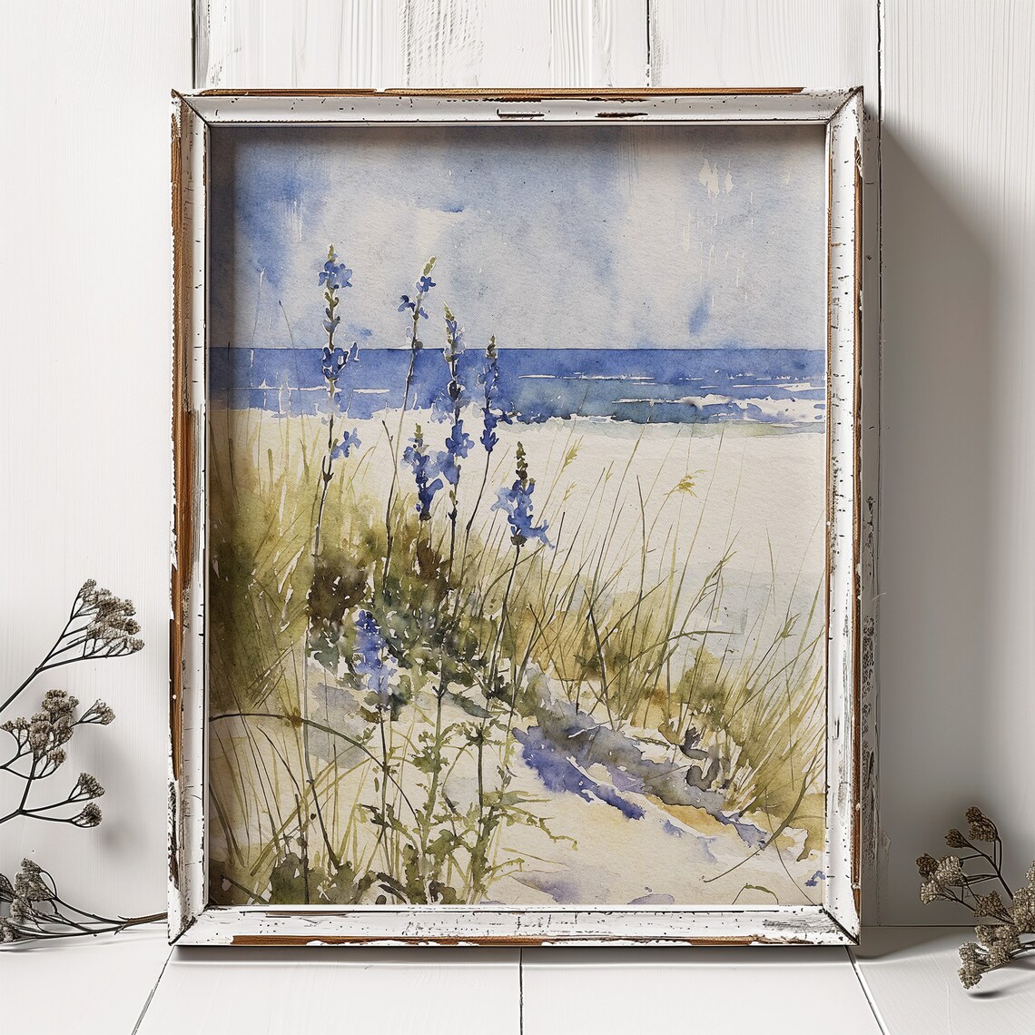 Blue Wildflowers Beach Dunes Ocean Shoreline Watercolor Coastal Poster - Image 3