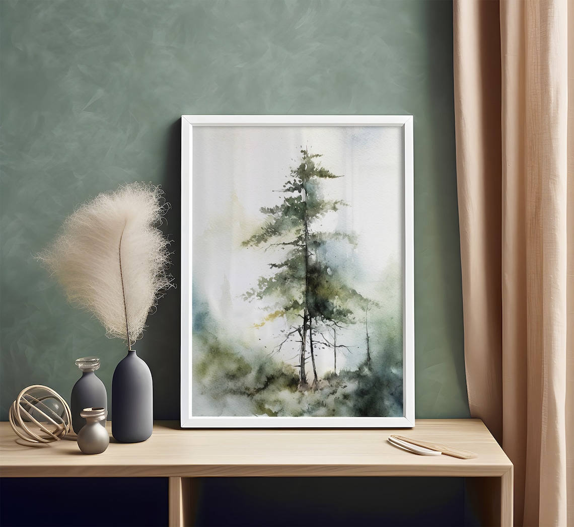 Pine Tree Watercolor Misty Forest Landscape Art Print - Image 3