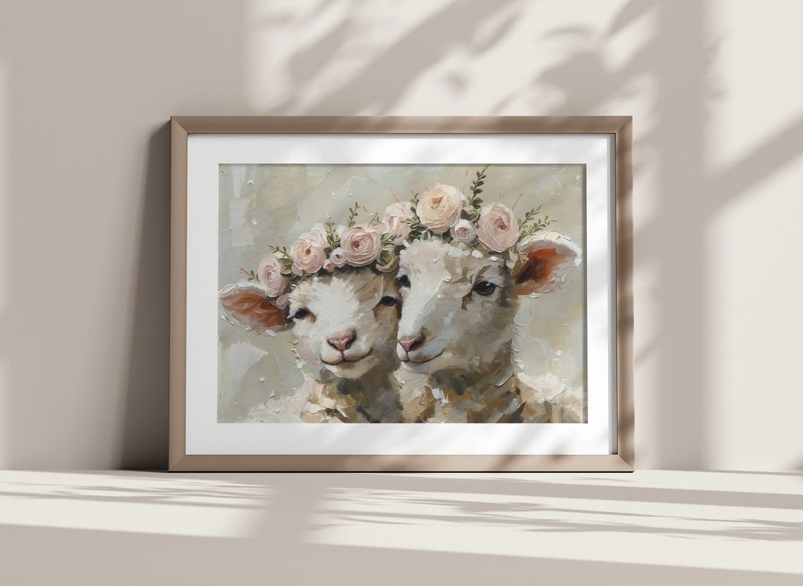 Two Lambs With Floral Wreaths Sweet Sheep Oil Painting Art Poster