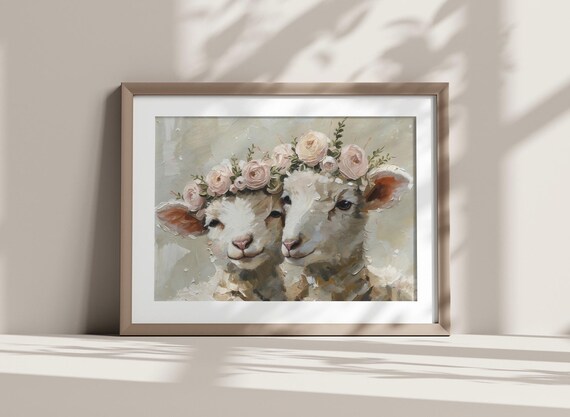 Two Lambs With Floral Wreaths Sweet Sheep Oil Painting Art Poster