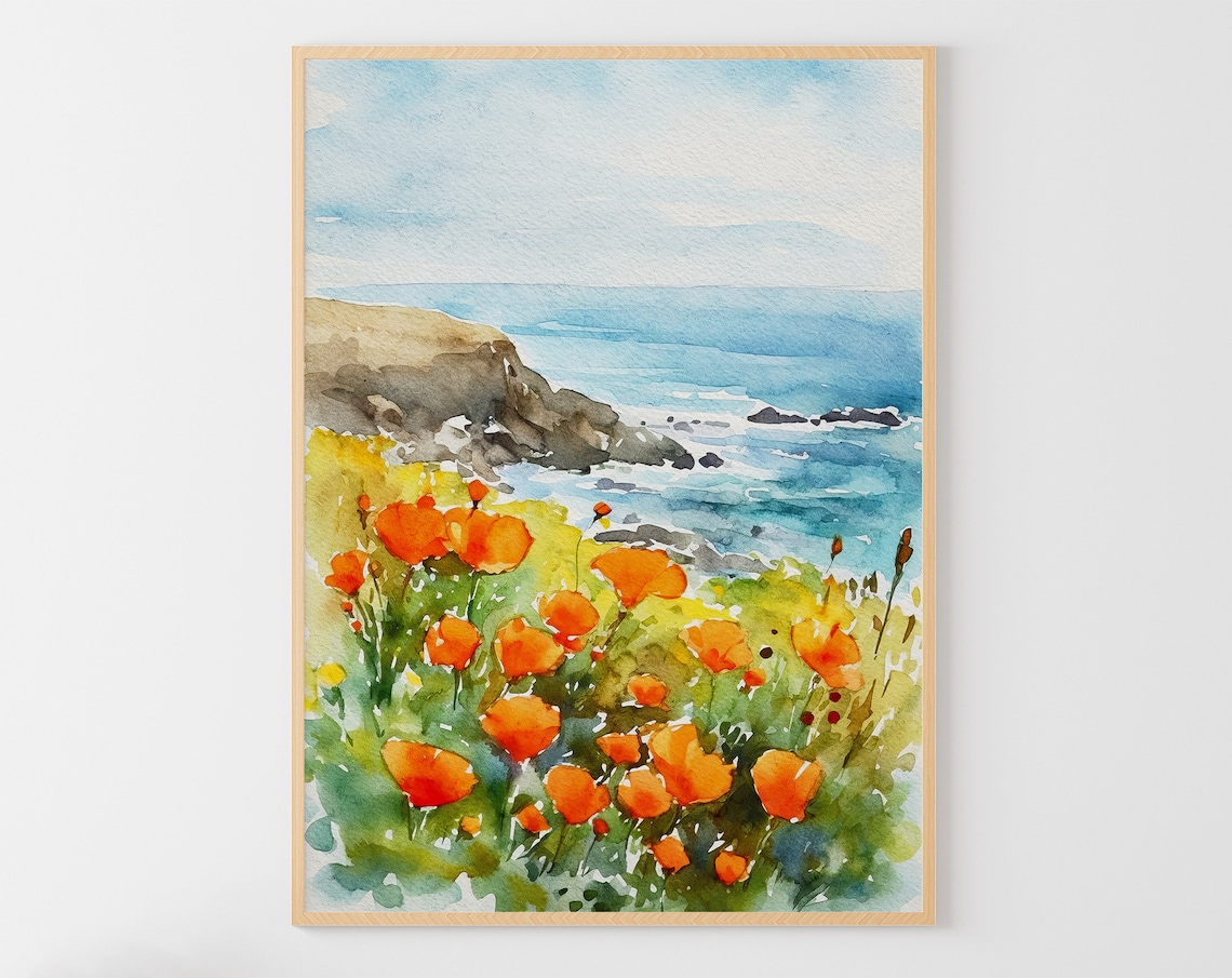 Big Sur California Poppy Watercolor Landscape Poster