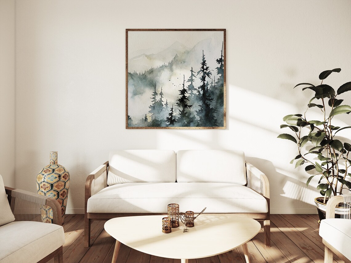 Dark Pine Forest Misty Mountain Fog Evergreen Watercolor Art Poster - Image 5