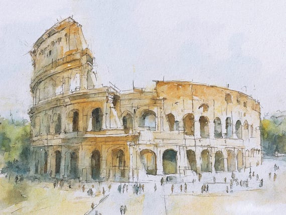 Rome Watercolor Print, Colosseum Italy Cityscape