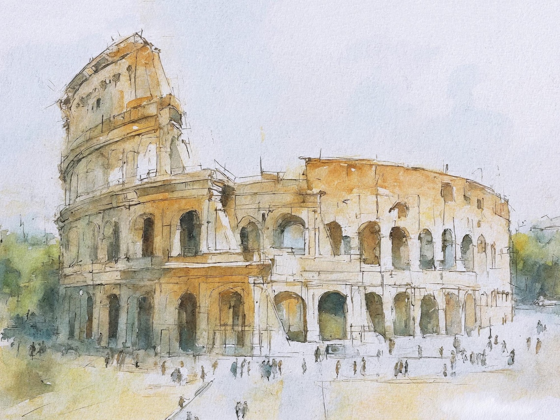 Rome Watercolor Print, Colosseum Italy Cityscape