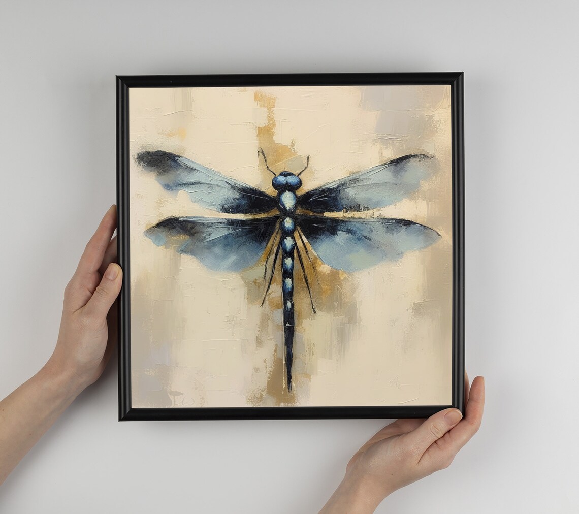 Blue Dragonfly Oil Painting Insect Poster Print - Image 3