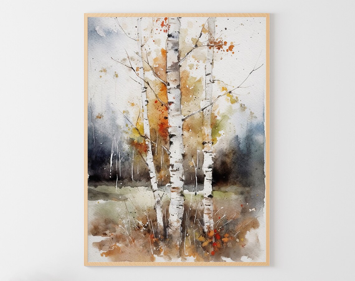 Autumn Birch Trees Watercolor Fall Foliage Golden Orange Forest Poster