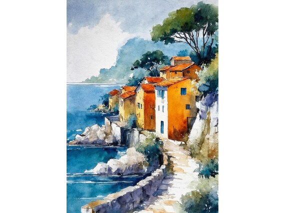 Lefkada Greece Coastal Village Seaside Blue Water Watercolor Poster