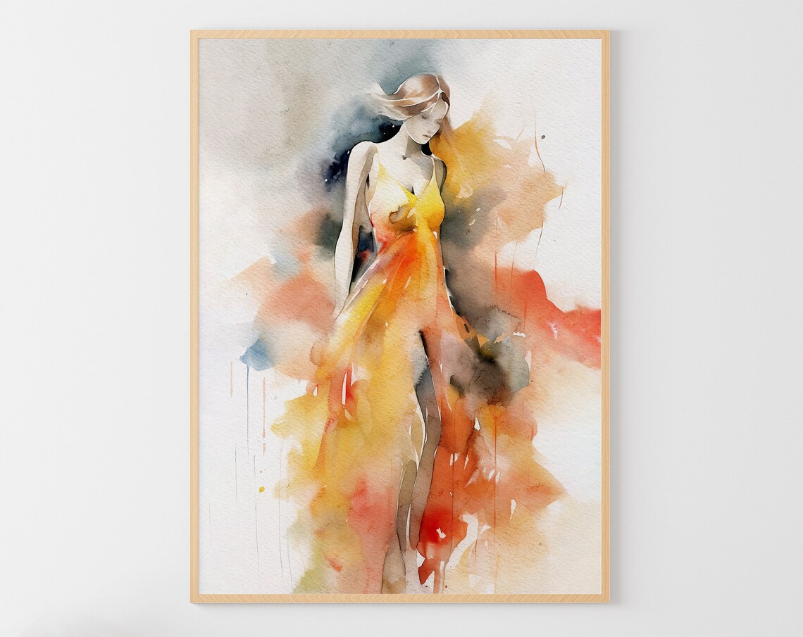 Abstract Watercolor Woman Flowing Yellow Dress Fashion Figure Art Wall Poster
