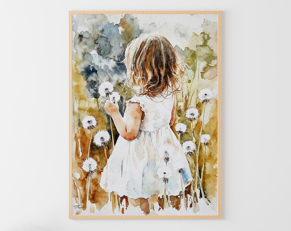 Dandelion Field Child Watercolor Art Print