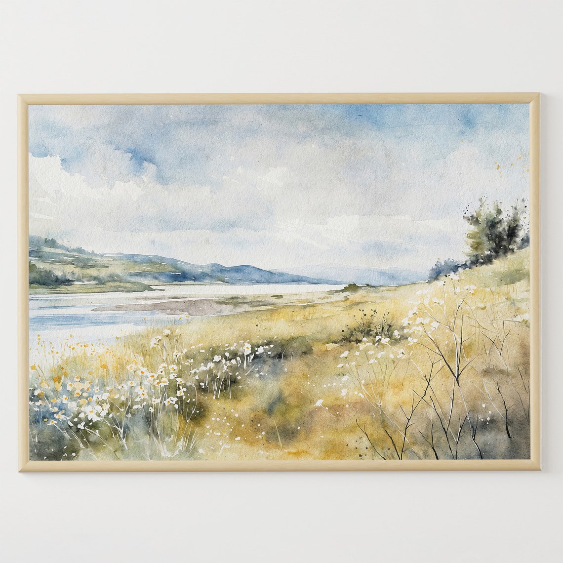 Columbia Gorge River Wildflower Meadow Mountain Watercolor Art Poster