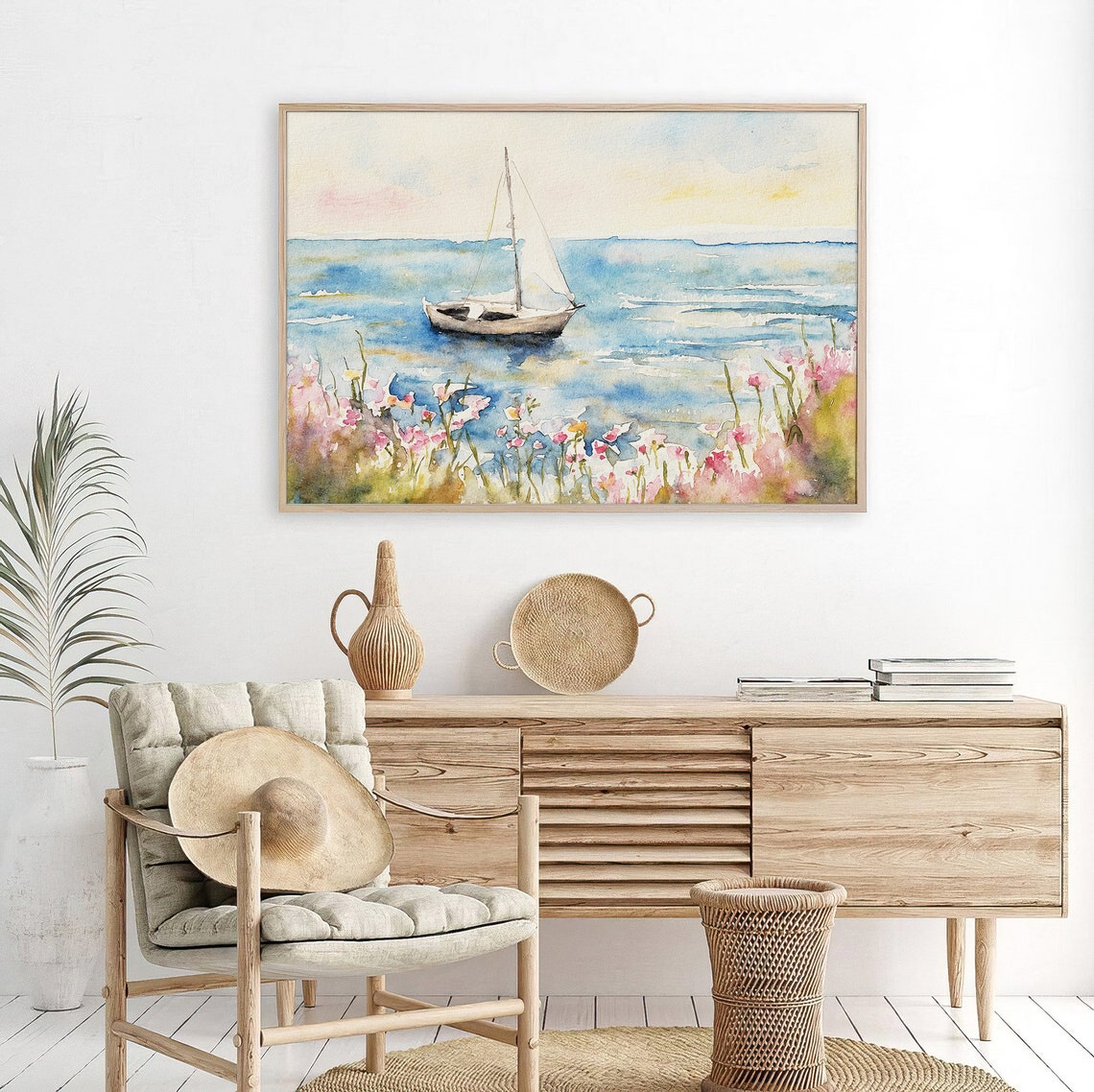 Cape Cod Sailboat Pink Beach Roses Ocean Breeze Watercolor Art Poster - Image 4