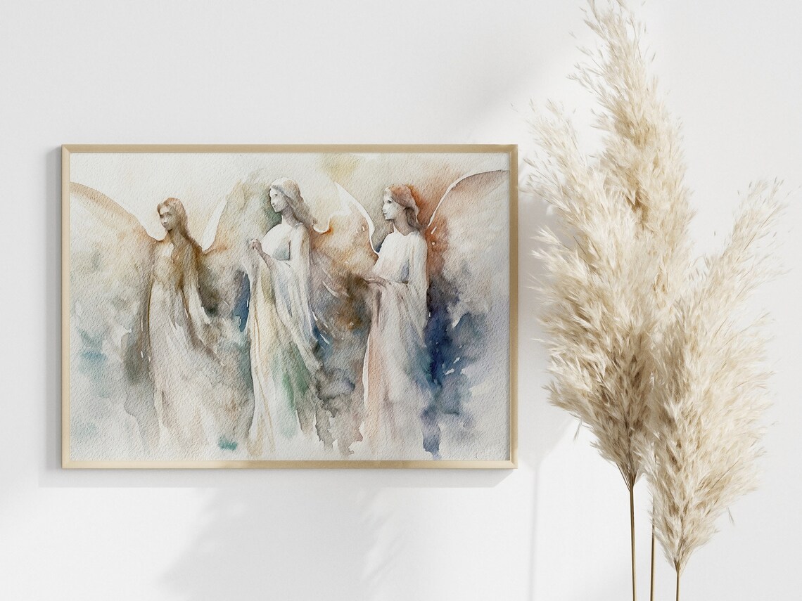 Three Angels Soft Watercolor Spiritual Guardian Angel Art Print - Image 4