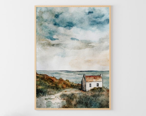 Irish Coast Watercolor Art Print, Coastal Cottage