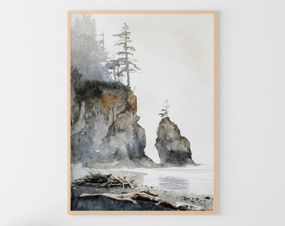 Oregon Coast Watercolor Art Print, Coastal Cliffs
