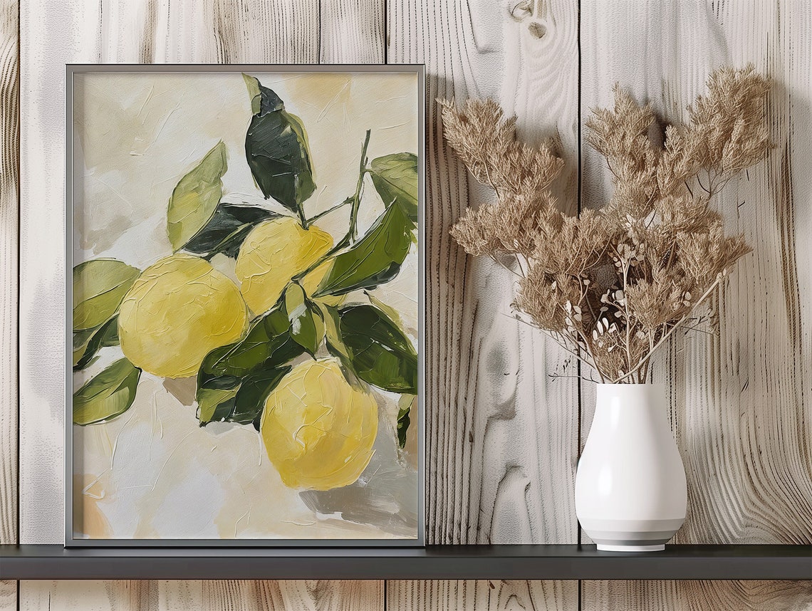 Fresh Lemons Branch Green Leaves Citrus Kitchen Oil Art Print - Image 2