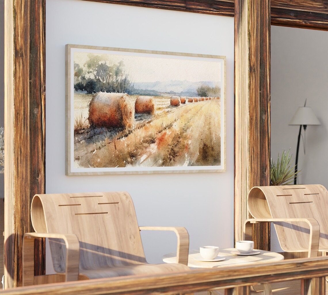 Haystacks Watercolor Farm Landscape Art Print - Image 3