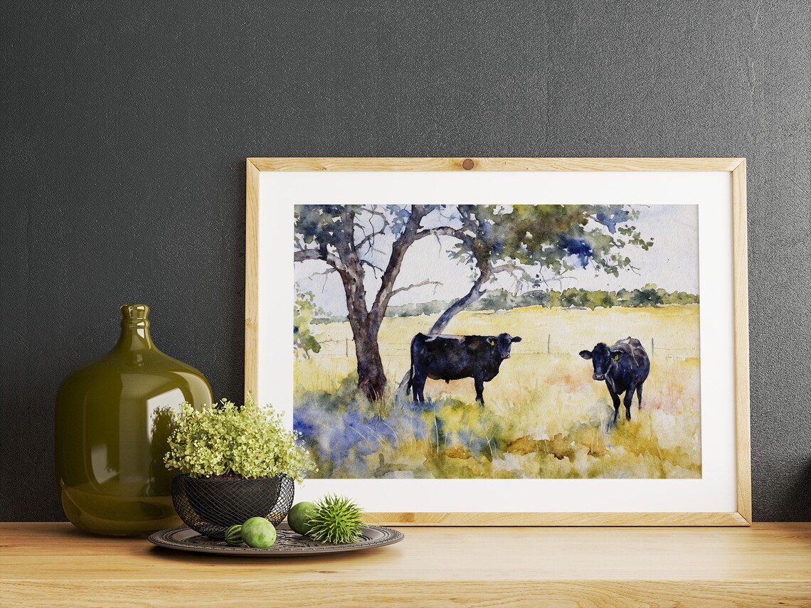 Black Cow Watercolor Art Print, Texas Farmhouse Decor - Image 2