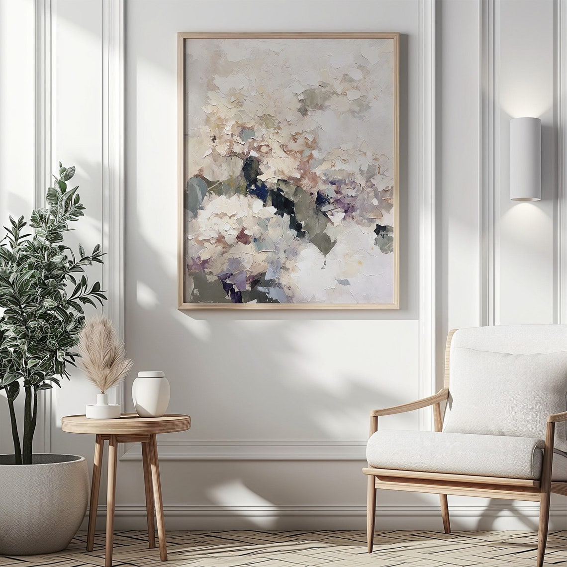 Cream White Hydrangea Blooms Textured Neutral Floral Oil Art Print - Image 4