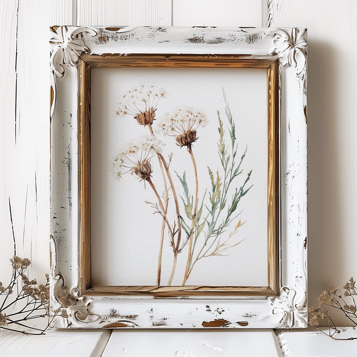 White Queen Annes Lace Botanical Watercolor Neutral Floral Art Print - Image 4