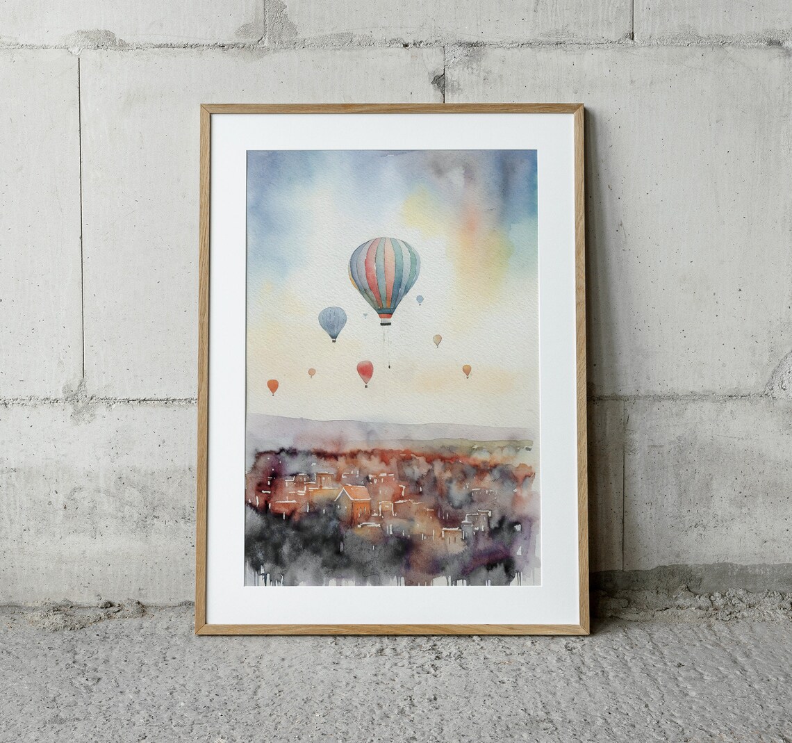 Hot Air Balloon Over Town, Watercolor Travel Poster - Image 2