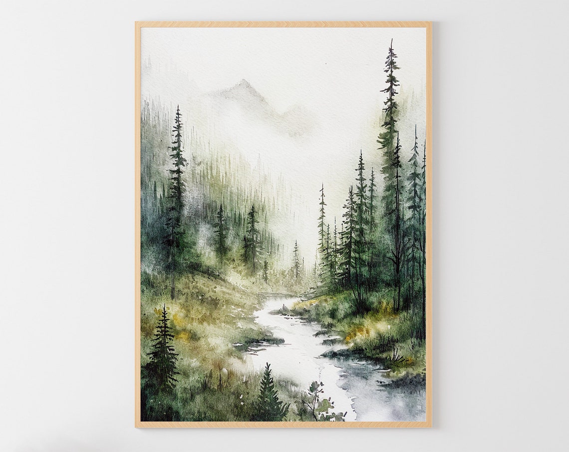 Misty Mountain River Valley Pine Forest Foggy Landscape Art Poster