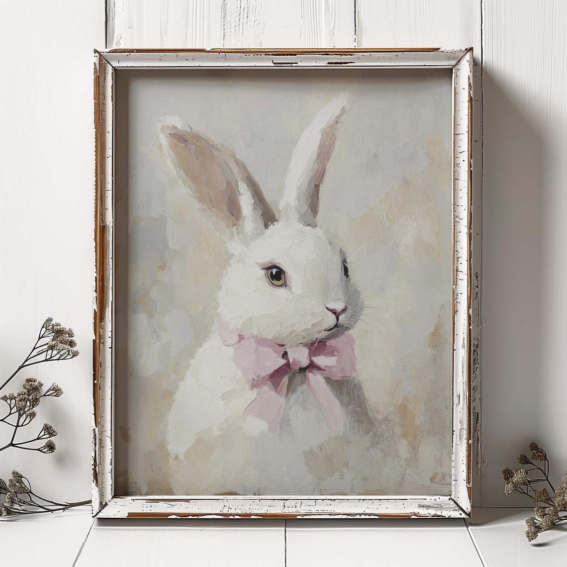 White Rabbit Pink Bow Neutral Nursery Oil Painting Cottagecore Art Poster