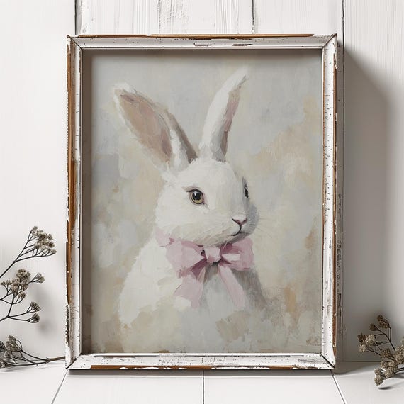 Cute White Rabbit Oil Painting Pink Bow Artwork Neutral Wall Art Kids Room Beige Print From An Original