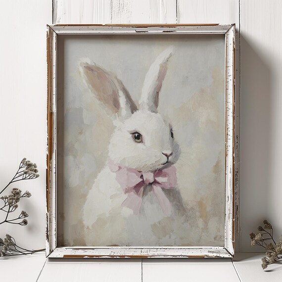 White Rabbit Pink Bow Neutral Nursery Oil Painting Cottagecore Art Poster